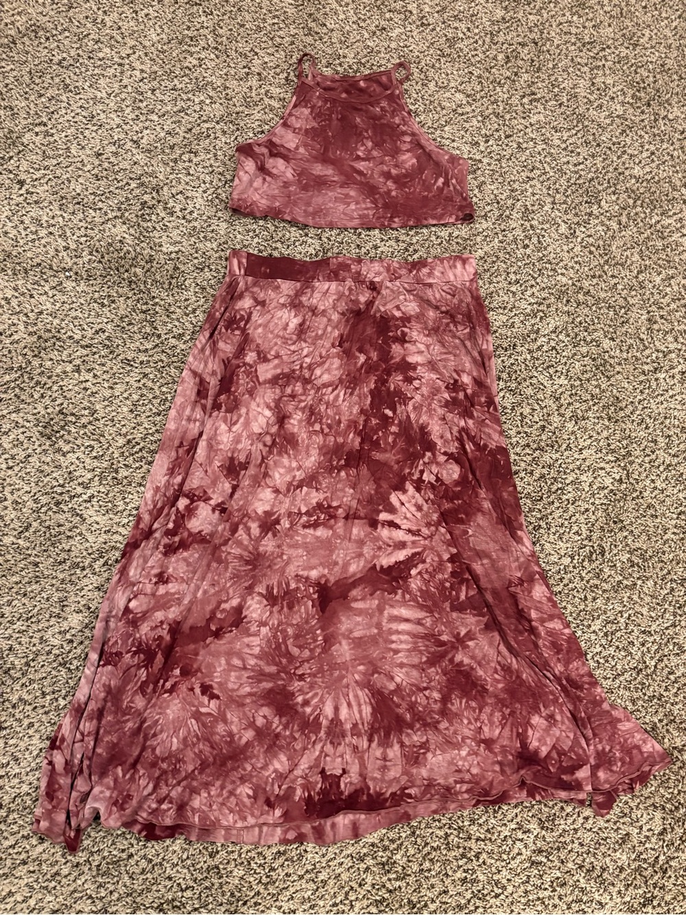 SHEIN Burgundy Tie-Dye Maxi Skirt & Crop Top